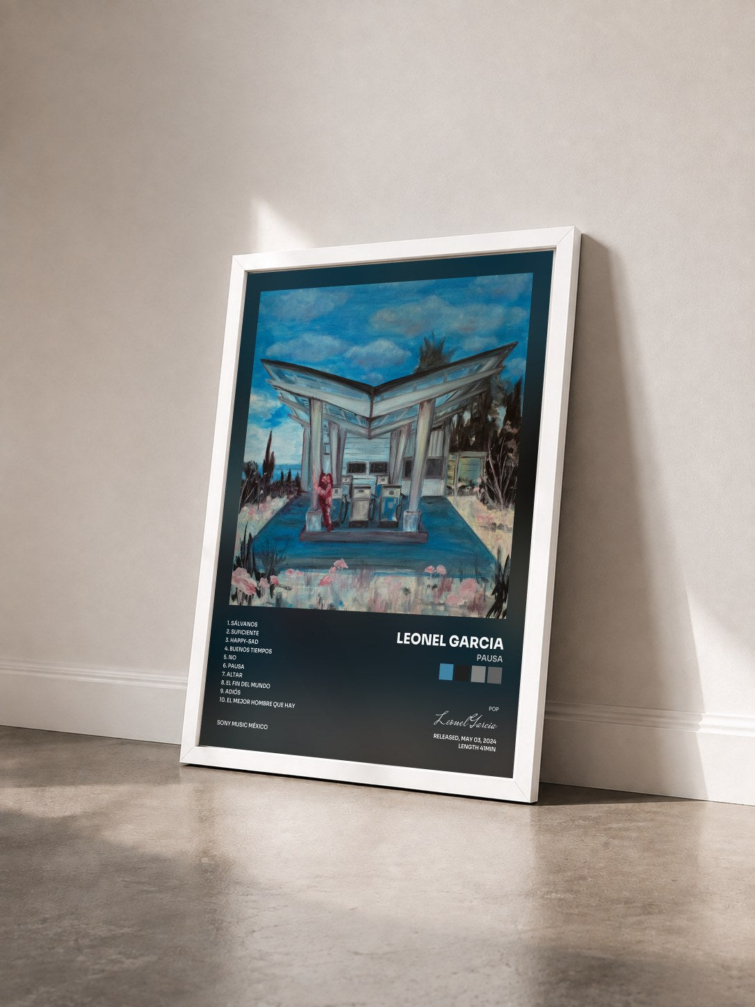 #blanc Tableau de l'album Pausa de Leonel Garcia vu de trois quarts, cadre blanc