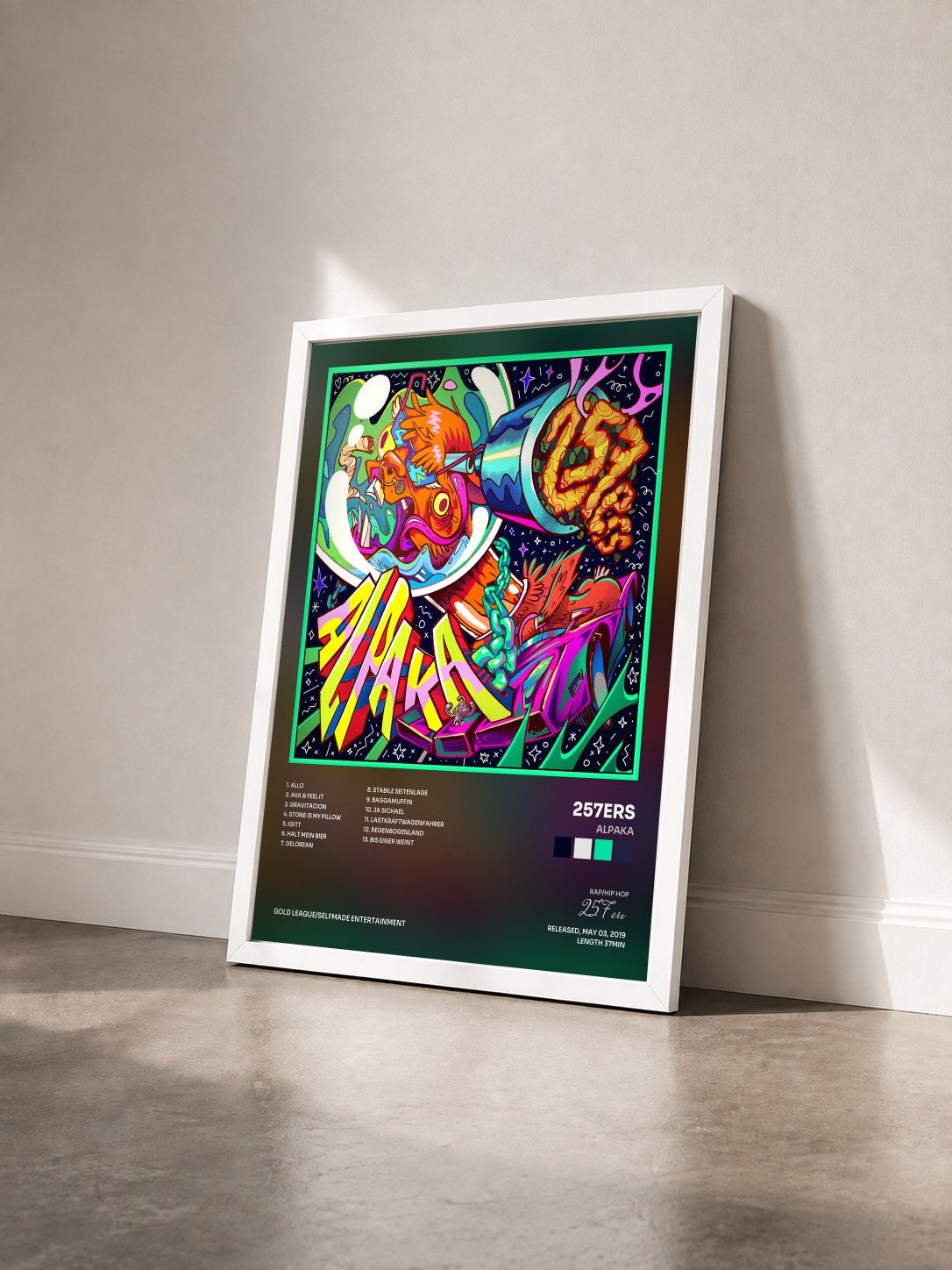 #blanc Tableau de l'album Alpaka de 257ers vu de trois quarts, cadre blanc