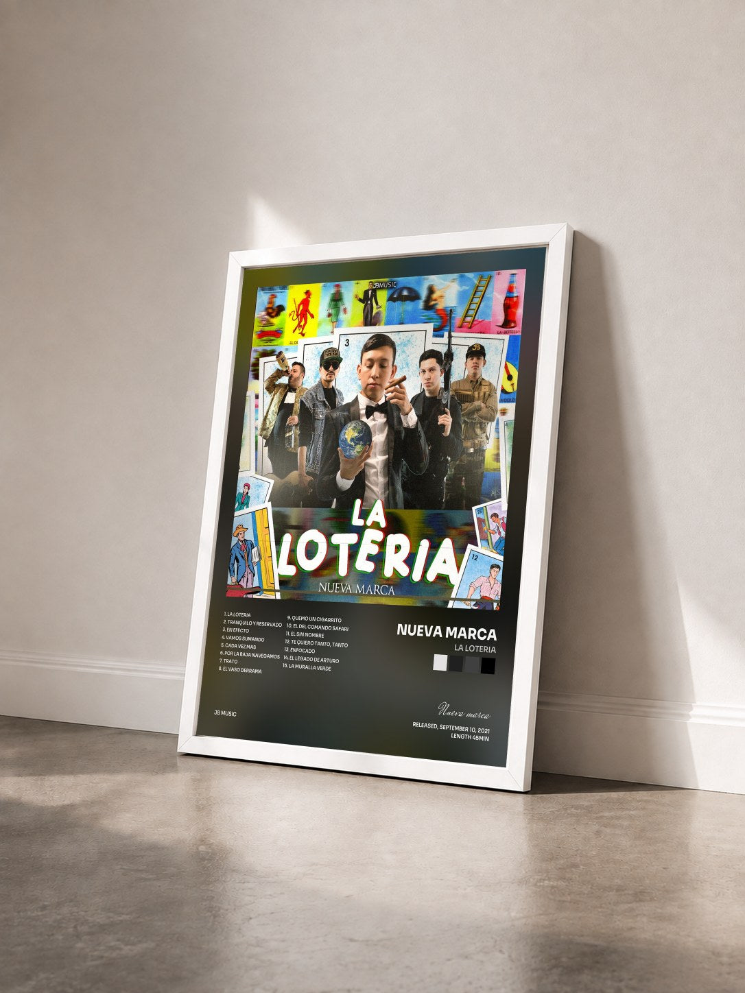 #blanc Tableau de l'album La Loteria de Nueva marca vu de trois quarts, cadre blanc