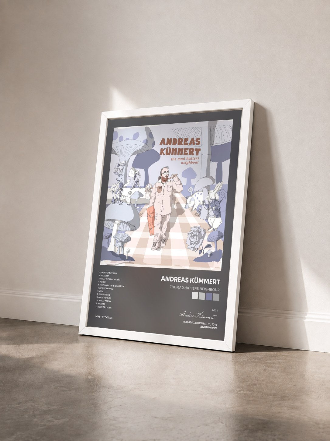 #blanc Tableau de l'album The Mad Hatters Neighbour de Andreas Kümmert vu de trois quarts, cadre blanc