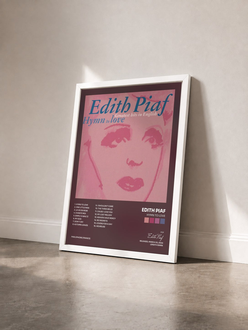 #blanc Tableau de l'album hymn to love de Edith Piaf vu de trois quarts, cadre blanc