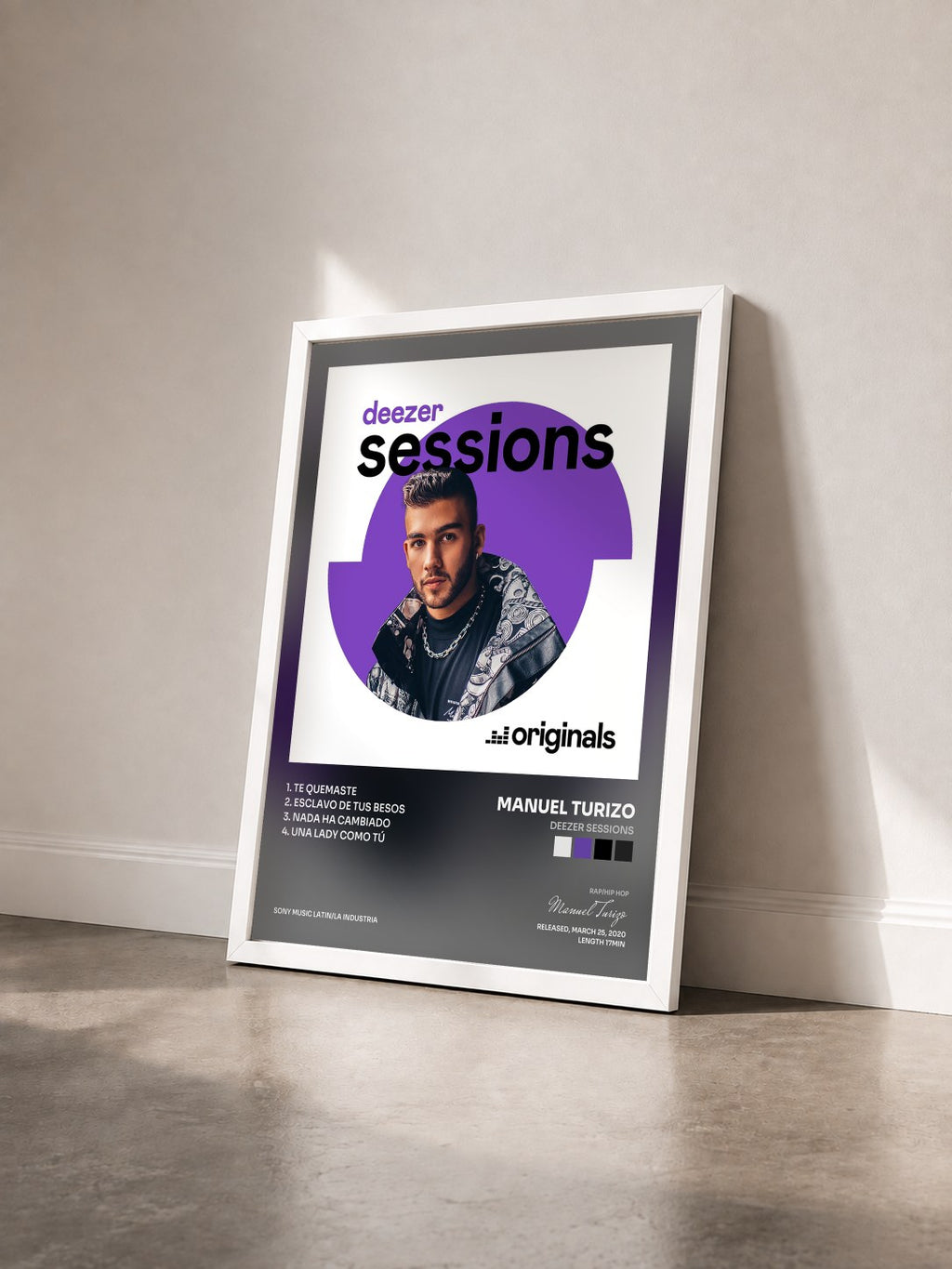 #blanc Tableau de l'album Deezer Sessions de Manuel Turizo vu de trois quarts, cadre blanc