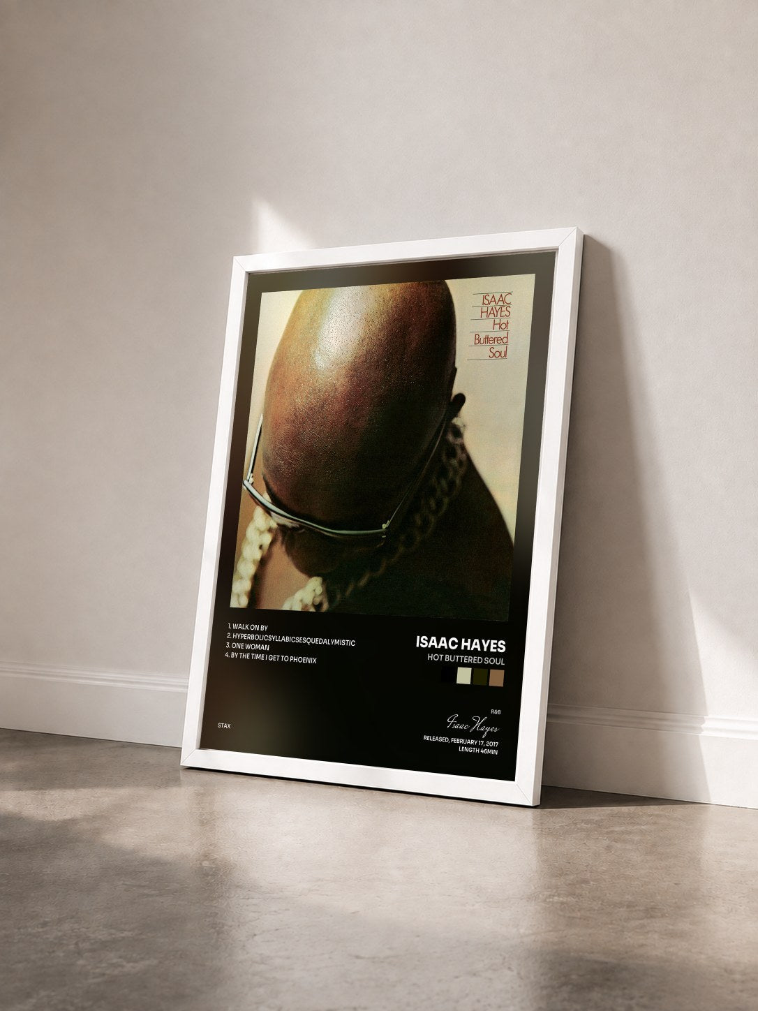 #blanc Tableau de l'album Hot Buttered Soul de Isaac Hayes vu de trois quarts, cadre blanc