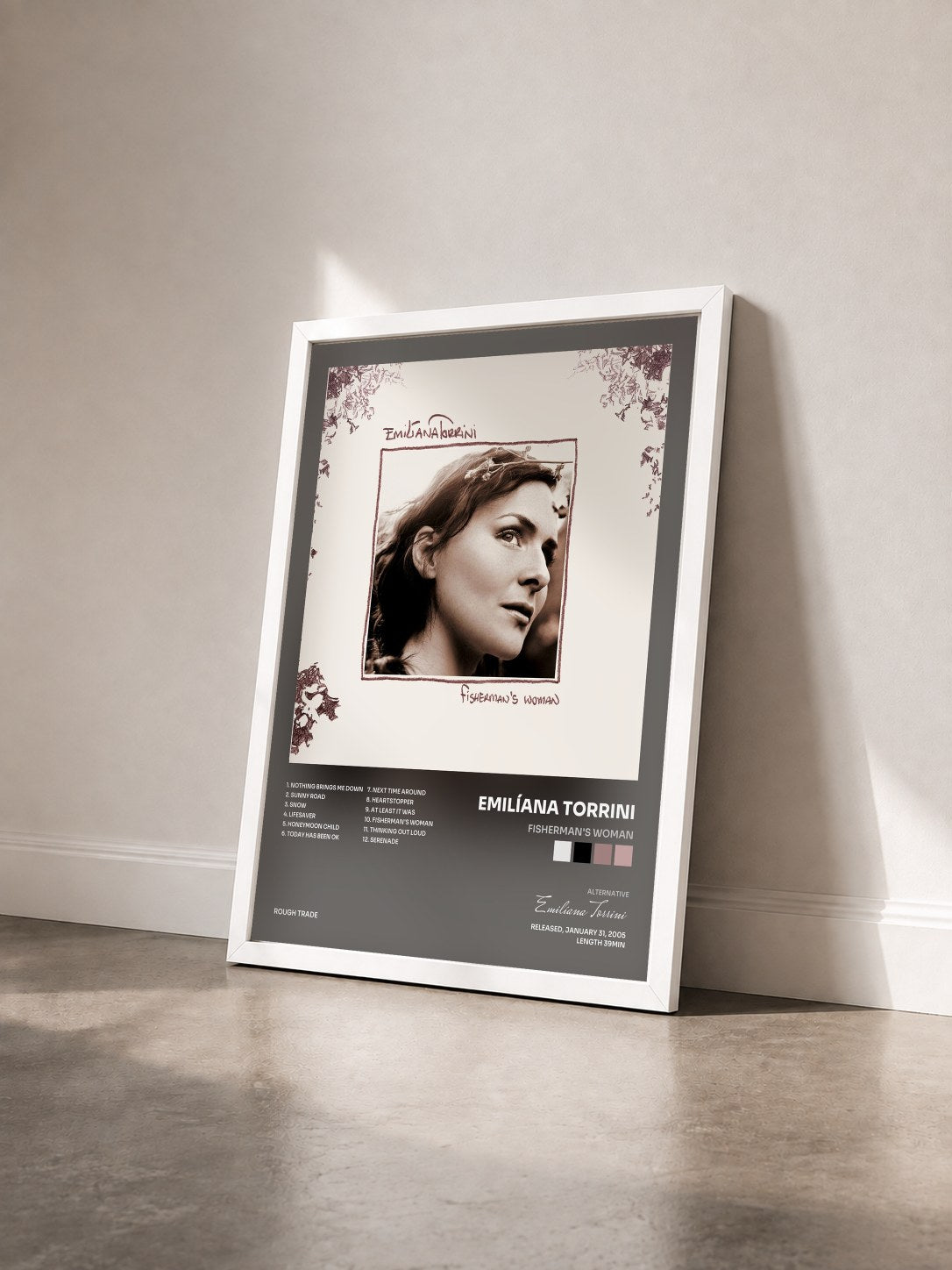 #blanc Tableau de l'album Fisherman's Woman de Emilíana Torrini vu de trois quarts, cadre blanc