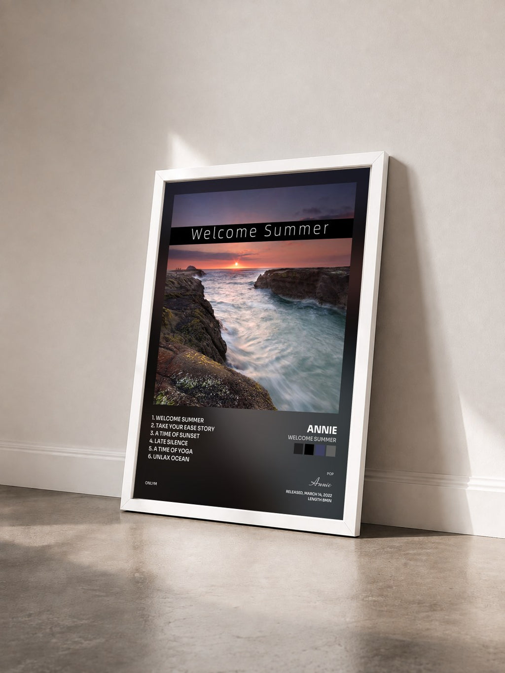 #blanc Tableau de l'album Welcome Summer de Annie vu de trois quarts, cadre blanc