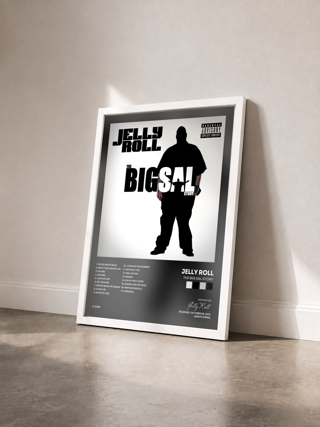 #blanc Tableau de l'album The Big Sal Story de Jelly Roll vu de trois quarts, cadre blanc