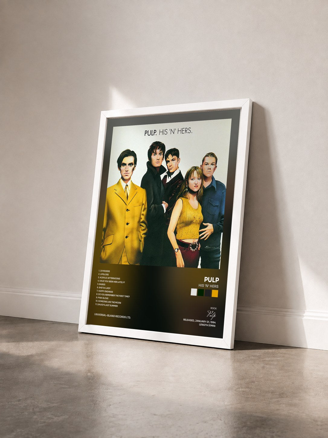 #blanc Tableau de l'album His 'N' Hers de Pulp vu de trois quarts, cadre blanc