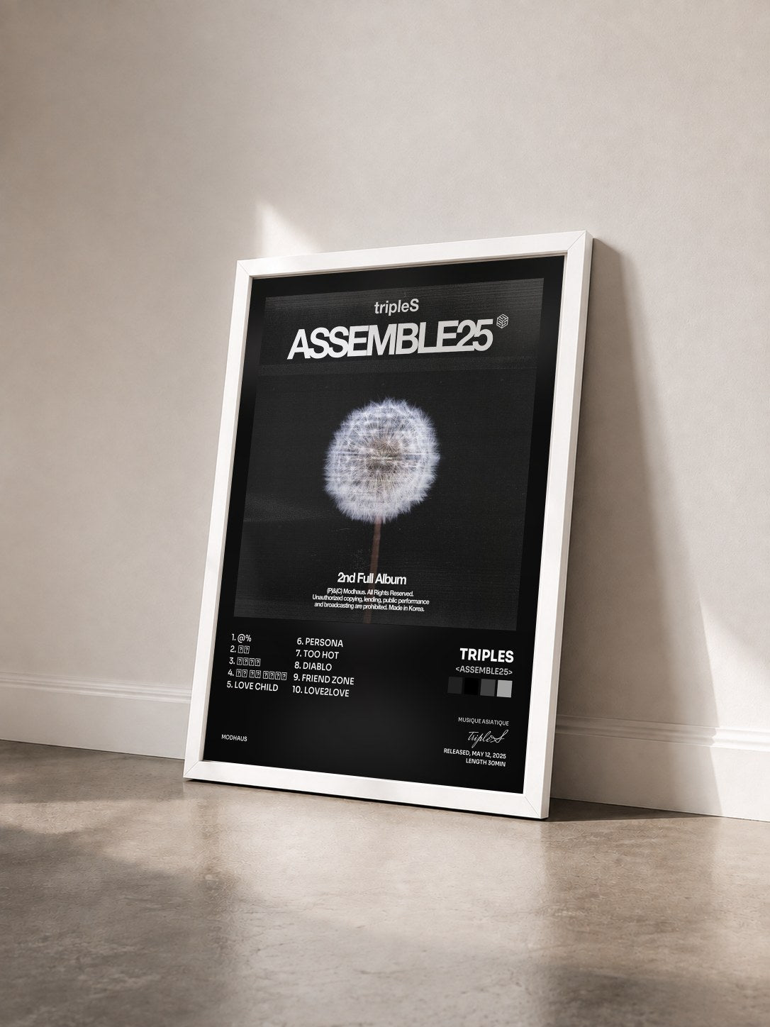 #blanc Tableau de l'album <ASSEMBLE25> de tripleS vu de trois quarts, cadre blanc