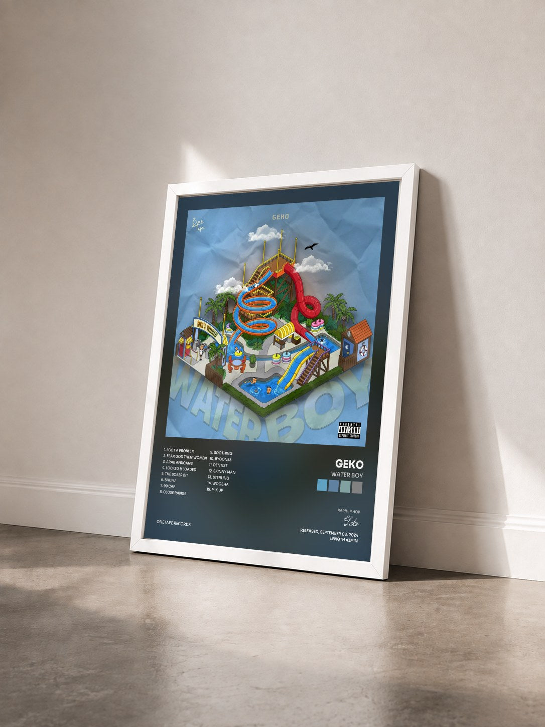 #blanc Tableau de l'album Water Boy de Geko vu de trois quarts, cadre blanc