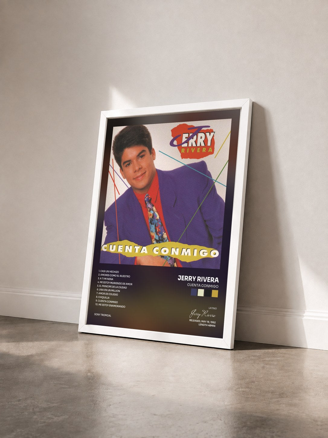 #blanc Tableau de l'album Cuenta Conmigo de Jerry Rivera vu de trois quarts, cadre blanc