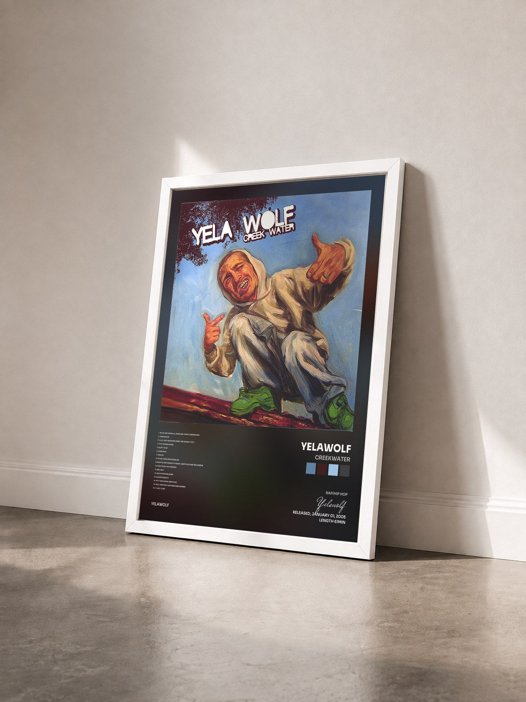 #blanc Tableau de l'album CreekWater de Yelawolf vu de trois quarts, cadre blanc