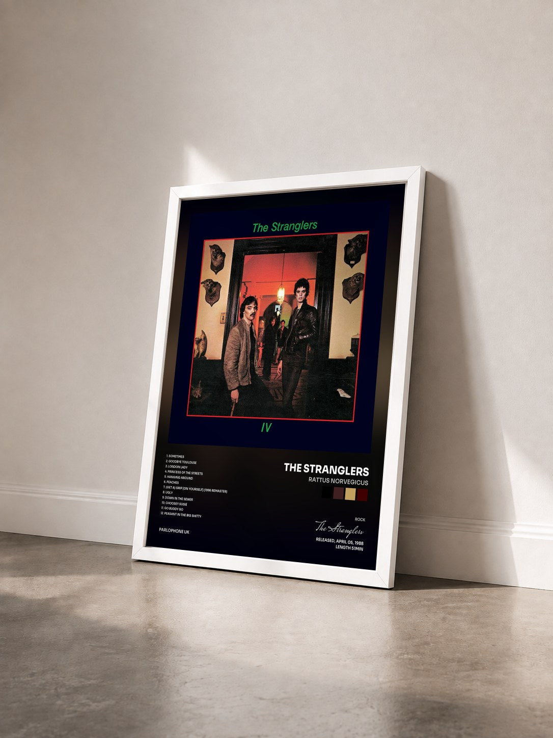 #blanc Tableau de l'album Rattus Norvegicus de The Stranglers vu de trois quarts, cadre blanc