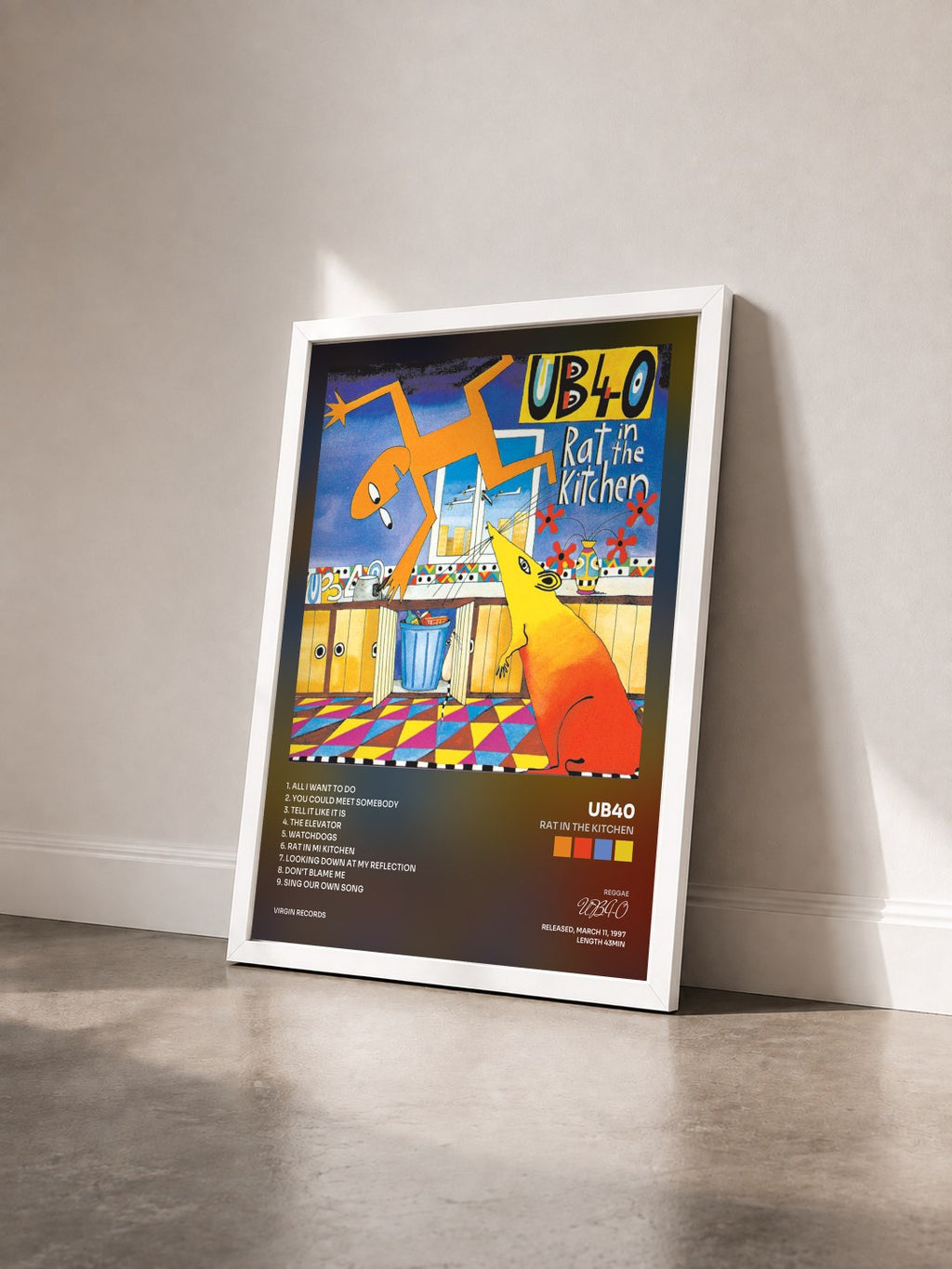 #blanc Tableau de l'album Rat In The Kitchen de UB40 vu de trois quarts, cadre blanc