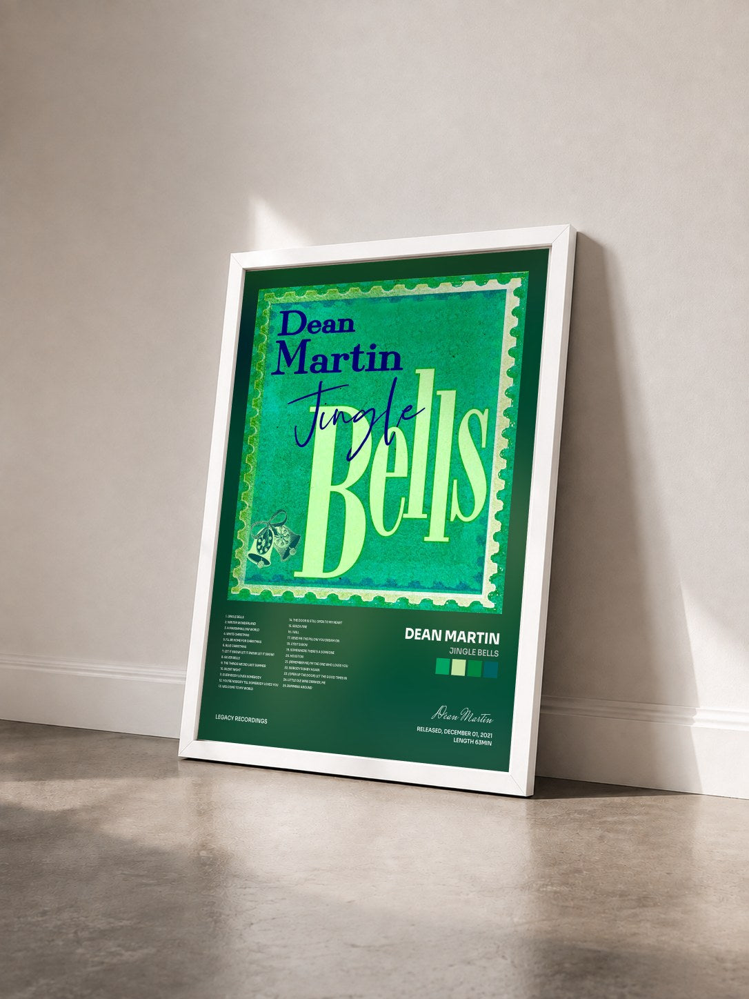 #blanc Tableau de l'album Jingle Bells de Dean Martin vu de trois quarts, cadre blanc