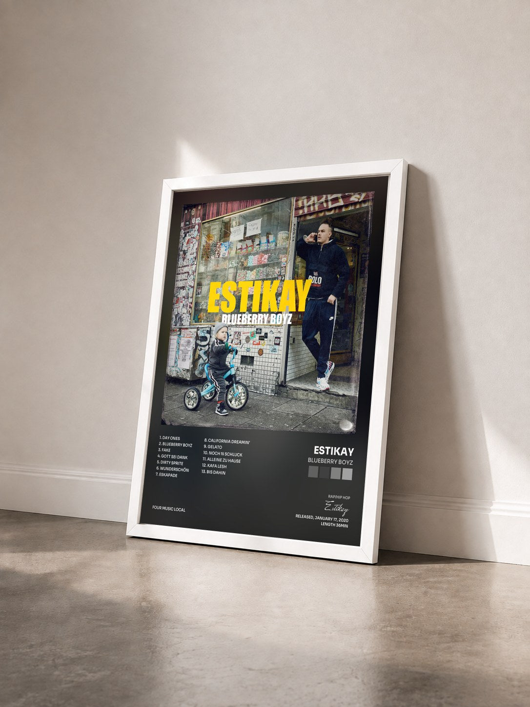 #blanc Tableau de l'album Blueberry Boyz de Estikay vu de trois quarts, cadre blanc