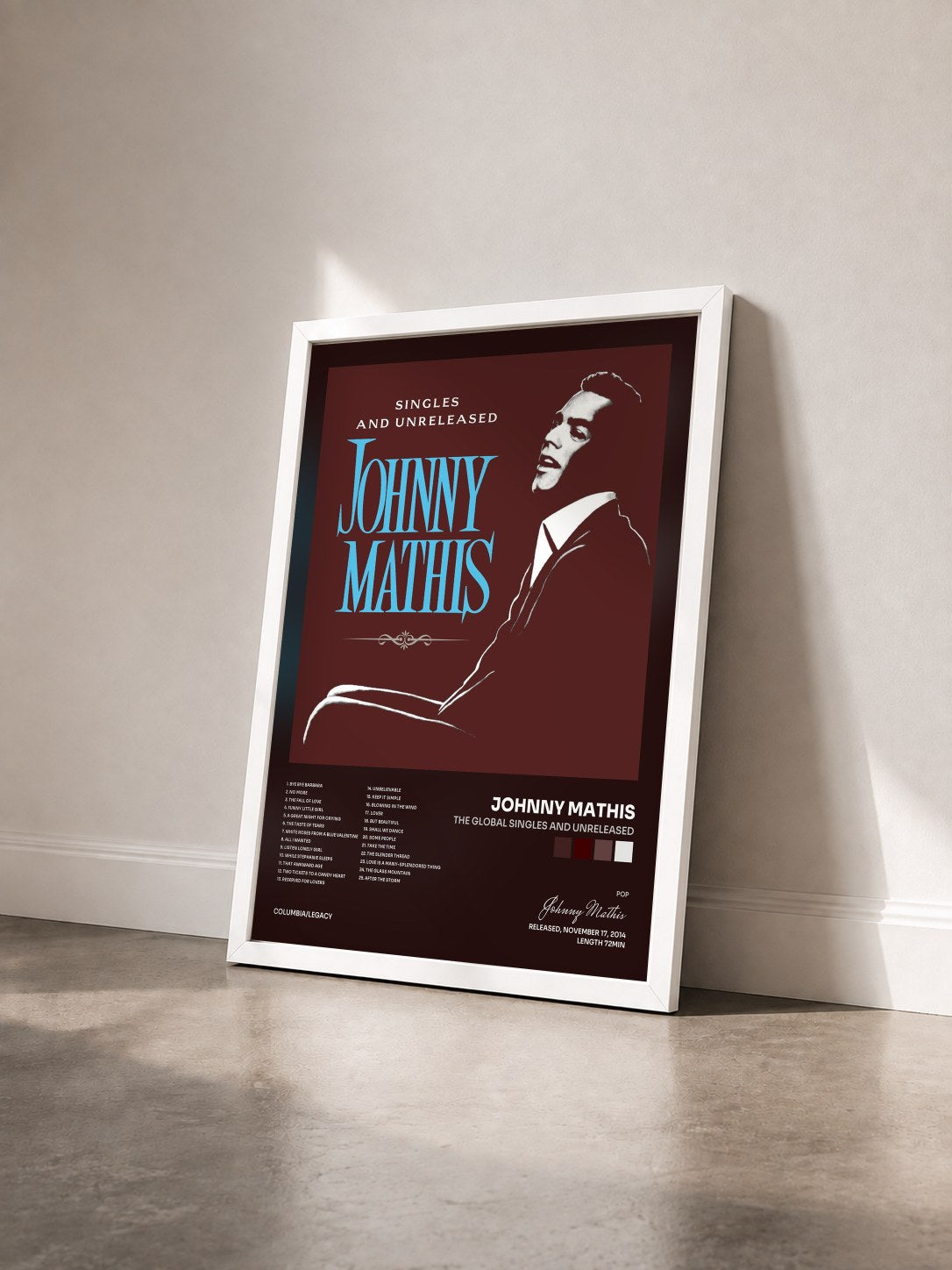 #blanc Tableau de l'album The Global Singles and Unreleased de Johnny Mathis vu de trois quarts, cadre blanc