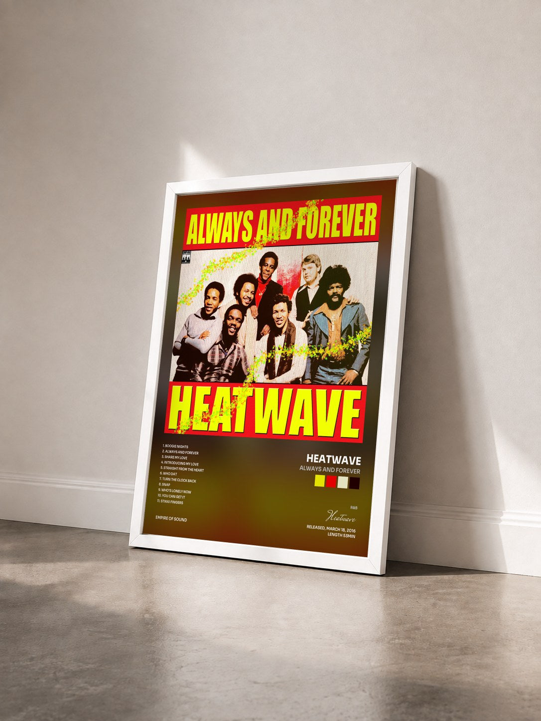 #blanc Tableau de l'album Always and Forever de Heatwave vu de trois quarts, cadre blanc