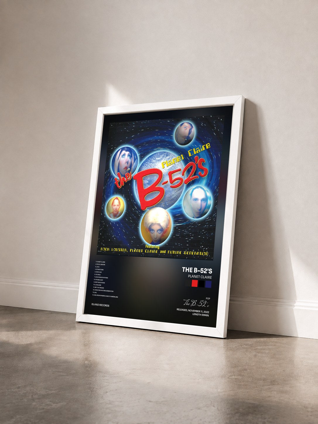 #blanc Tableau de l'album Planet Claire de The B-52's vu de trois quarts, cadre blanc