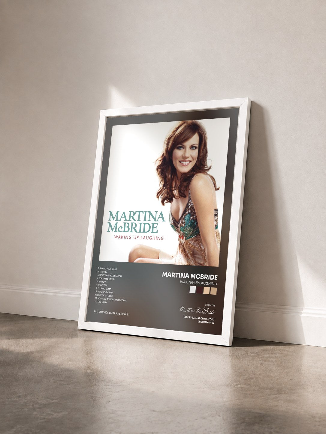 #blanc Tableau de l'album Waking Up Laughing de Martina McBride vu de trois quarts, cadre blanc