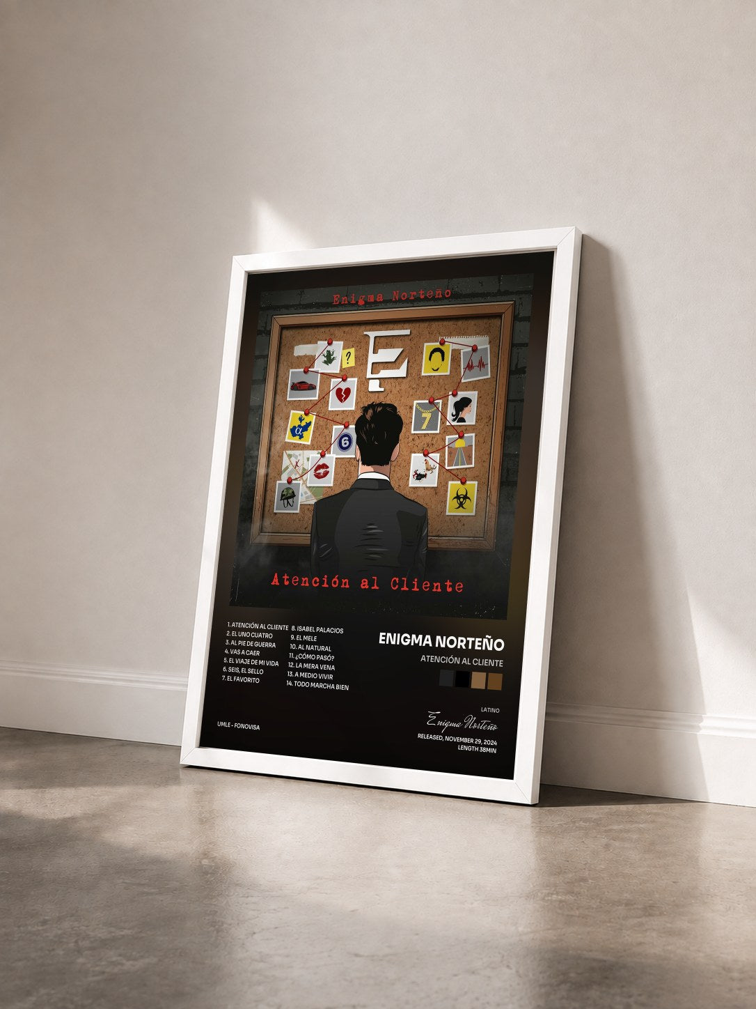 #blanc Tableau de l'album Atención Al Cliente de Enigma Norteño vu de trois quarts, cadre blanc