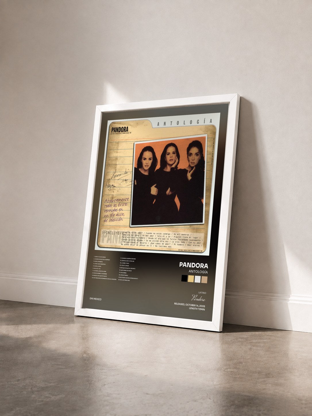 #blanc Tableau de l'album Antología de Pandora vu de trois quarts, cadre blanc