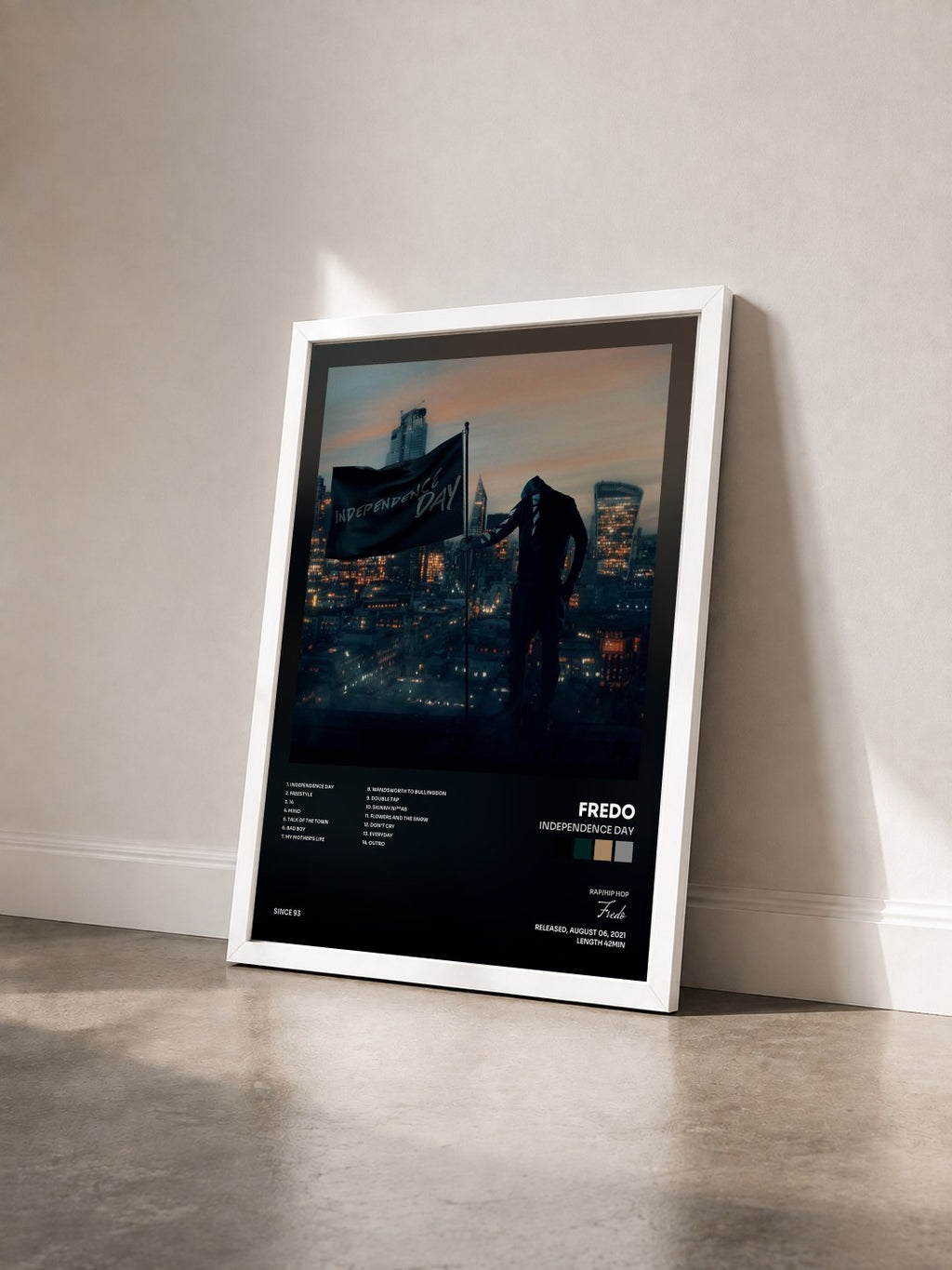 #blanc Tableau de l'album Independence Day de Fredo vu de trois quarts, cadre blanc