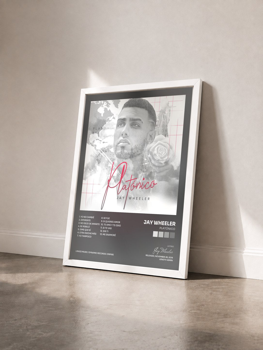 #blanc Tableau de l'album Platónico de Jay Wheeler vu de trois quarts, cadre blanc