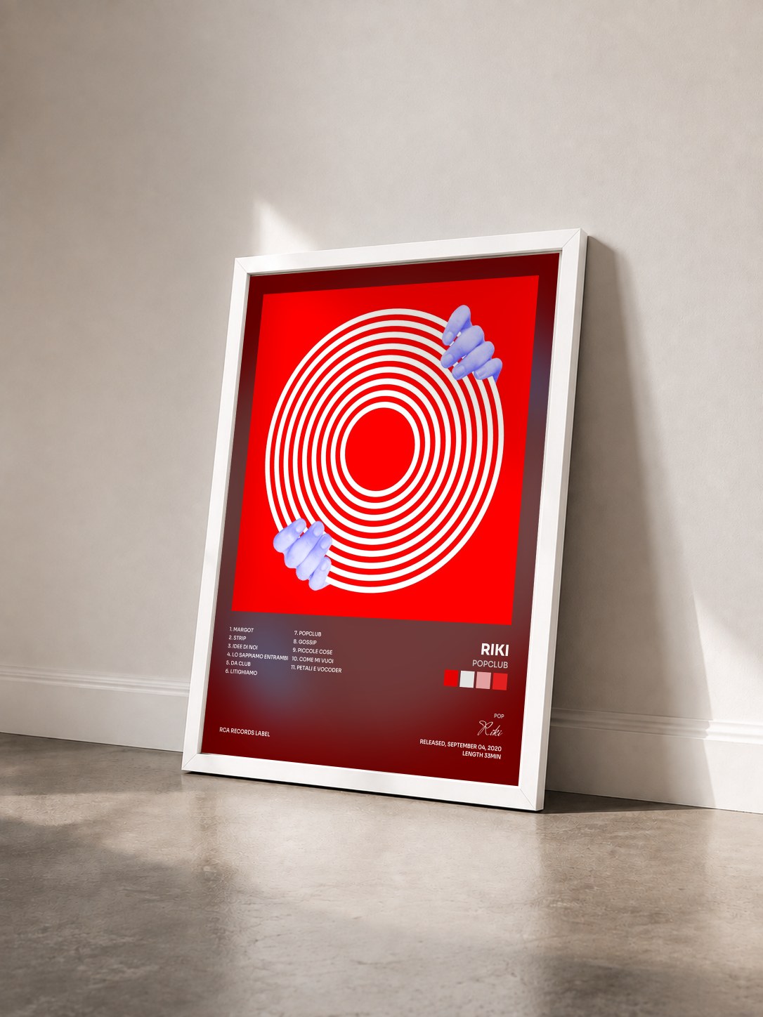 #blanc Tableau de l'album POPCLUB de Riki vu de trois quarts, cadre blanc