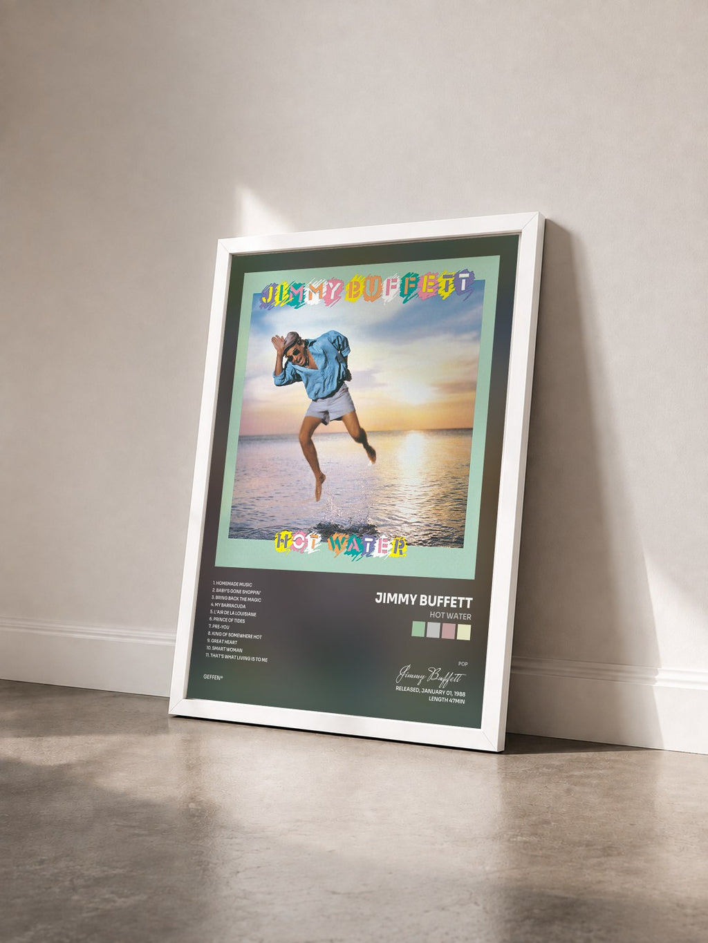 #blanc Tableau de l'album Hot Water de Jimmy Buffett vu de trois quarts, cadre blanc