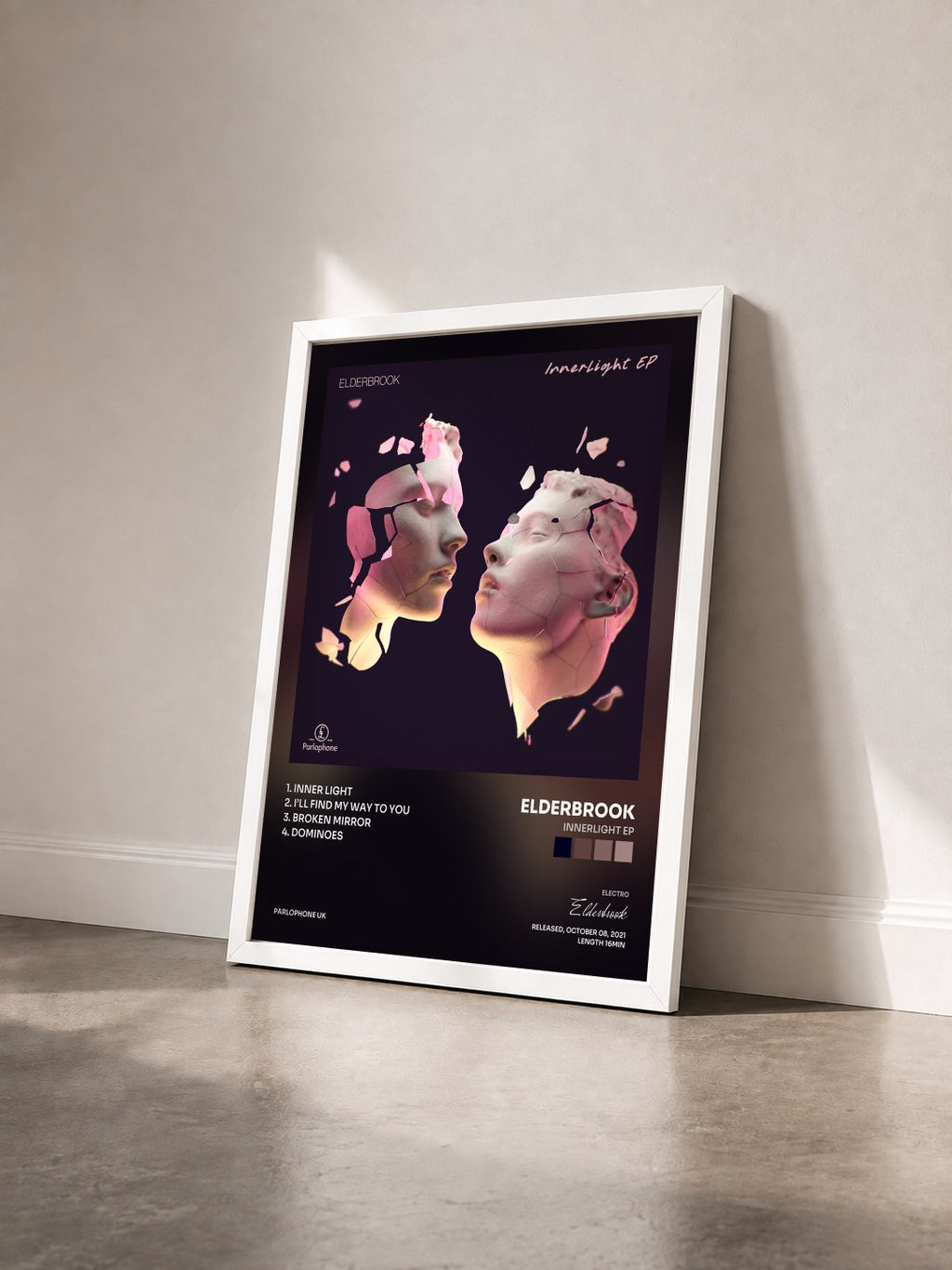 #blanc Tableau de l'album Innerlight EP de Elderbrook vu de trois quarts, cadre blanc