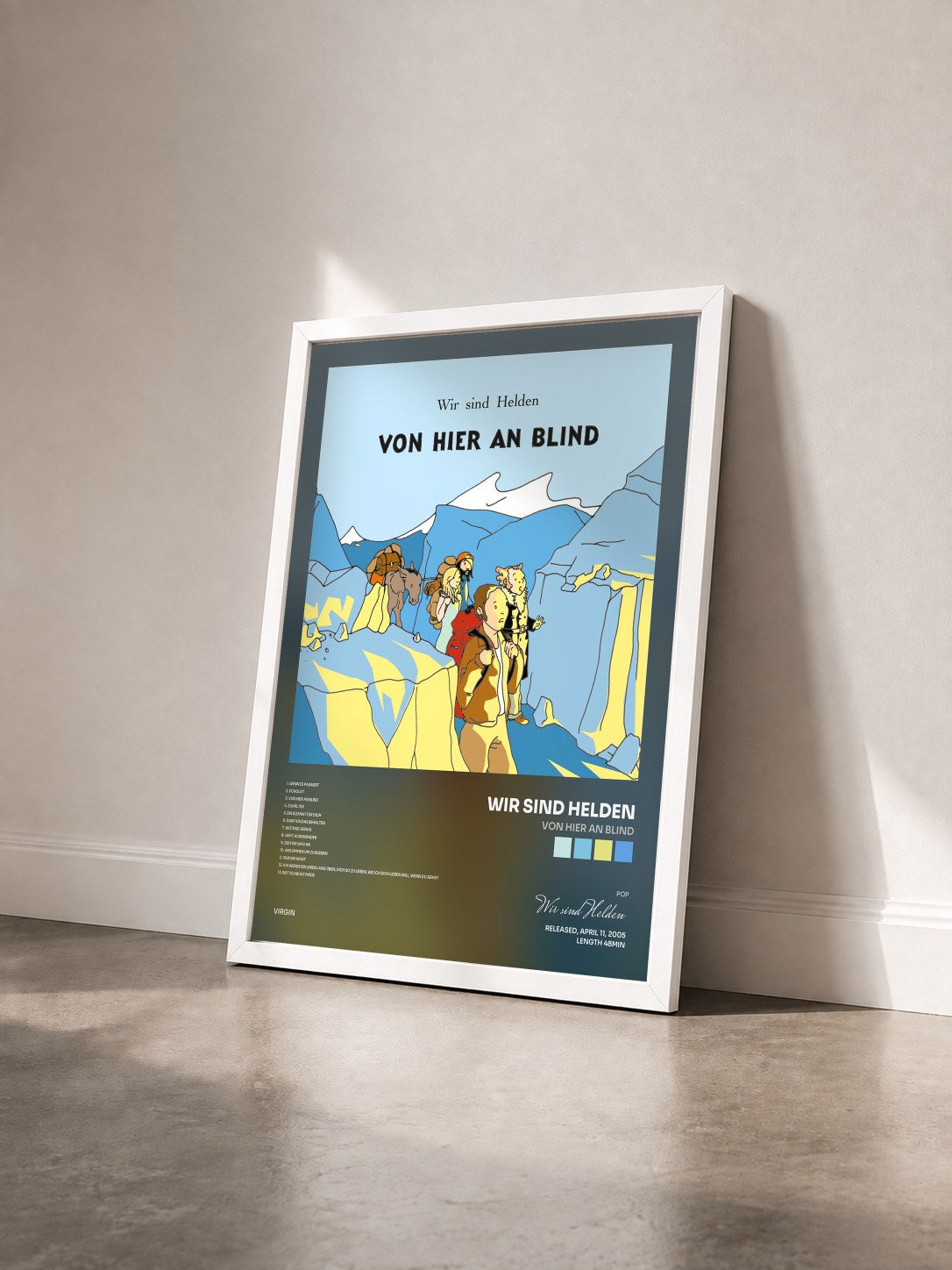 #blanc Tableau de l'album Von hier an blind de Wir sind Helden vu de trois quarts, cadre blanc