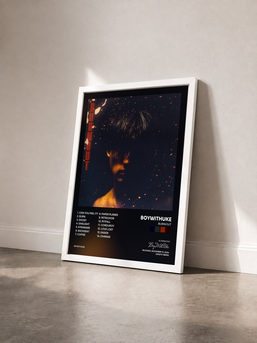 #blanc Burnout by BoyWithUke as a framed art print seen at an angle, white frame