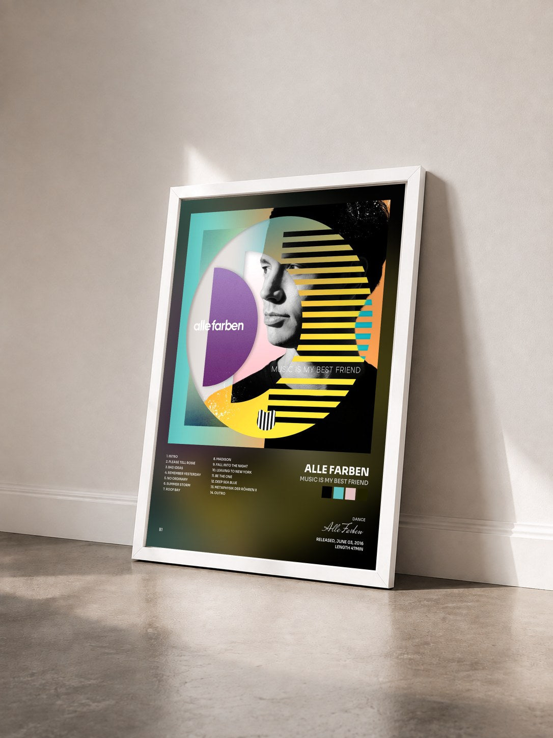#blanc Tableau de l'album Music Is My Best Friend de Alle Farben vu de trois quarts, cadre blanc