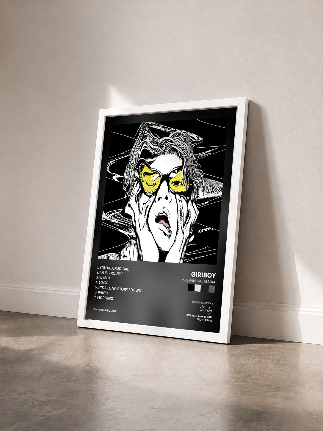 #blanc Tableau de l'album Mechanical Album de Giriboy vu de trois quarts, cadre blanc