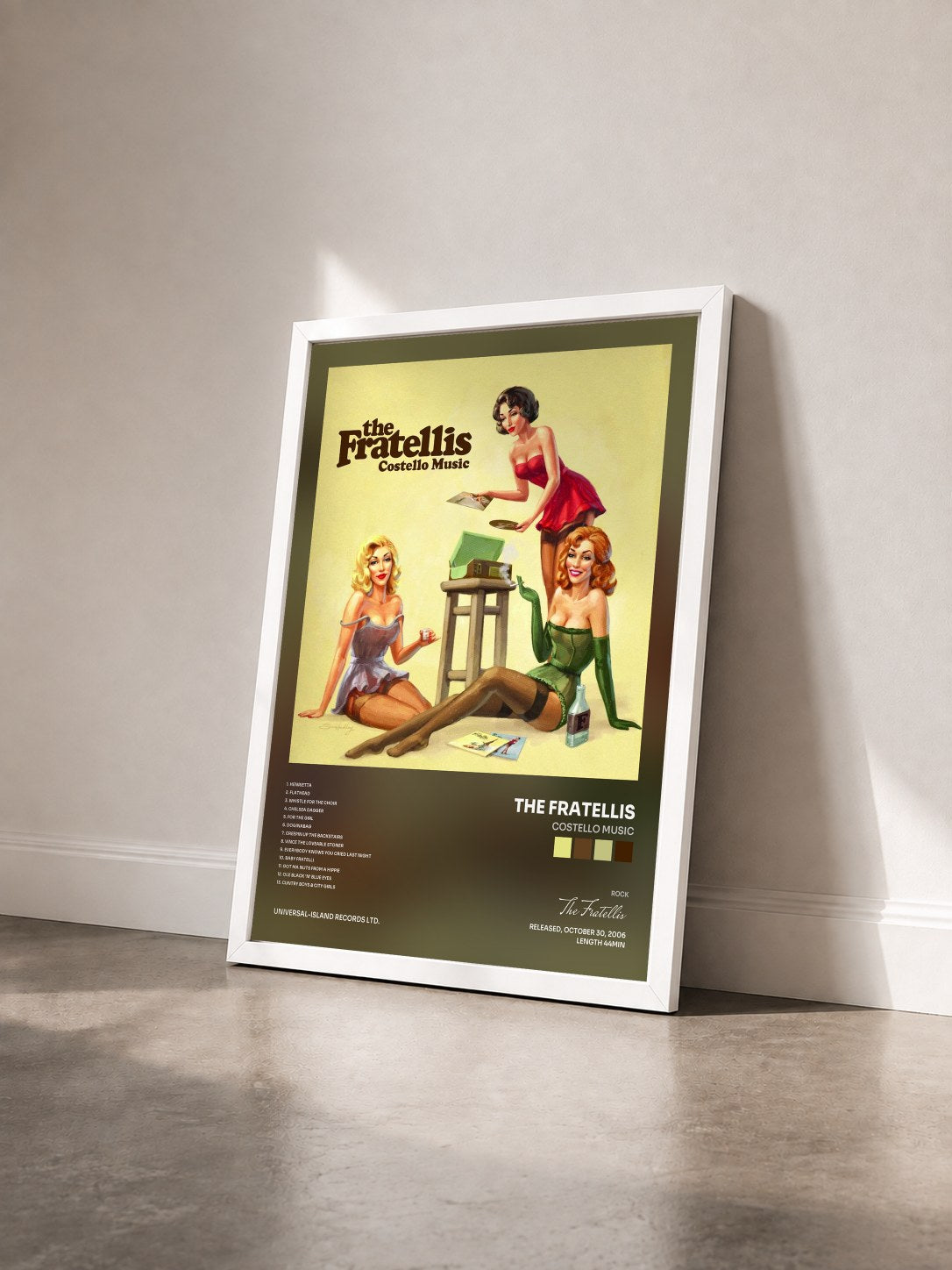 #blanc Tableau de l'album Costello Music de The Fratellis vu de trois quarts, cadre blanc