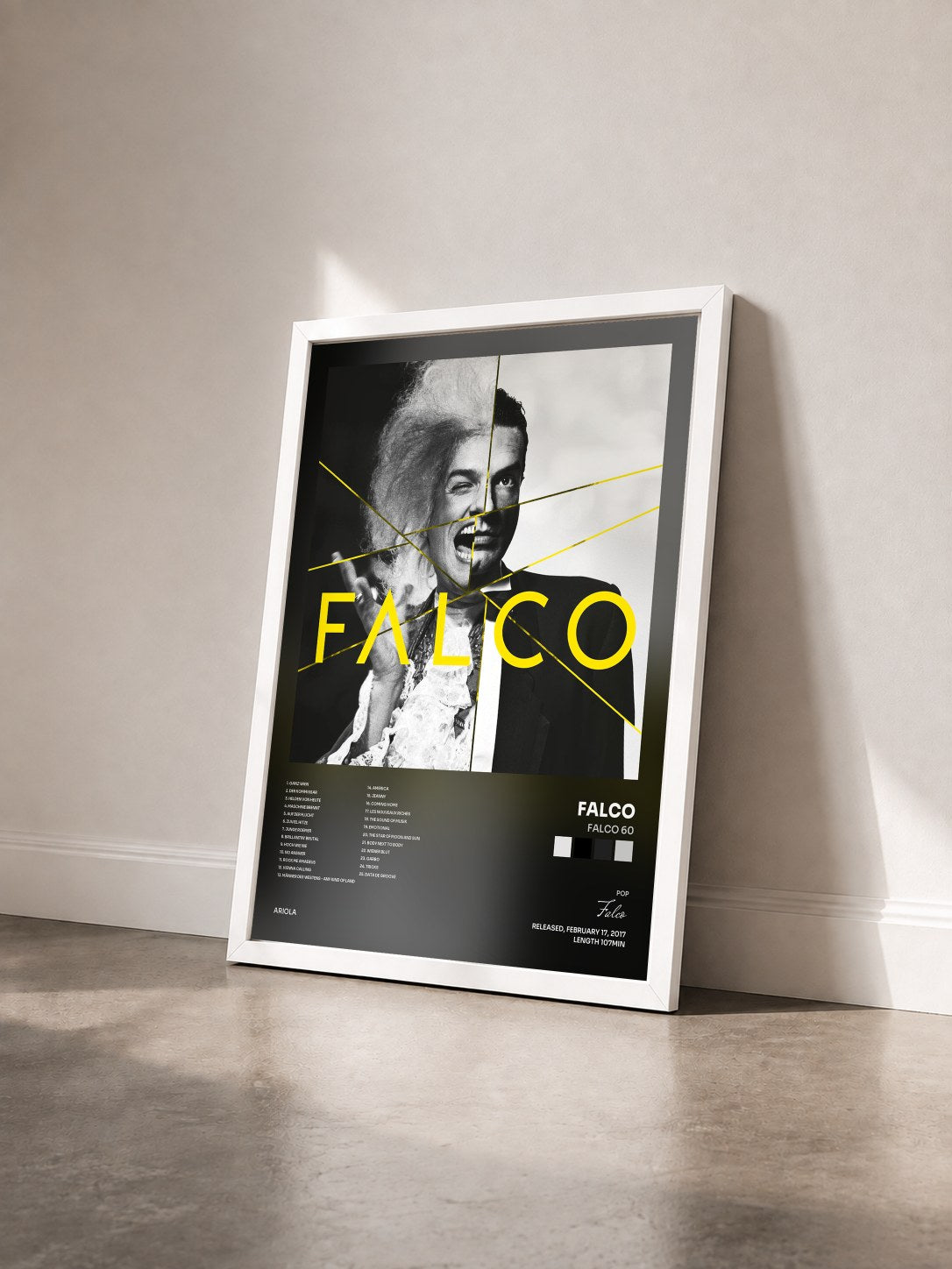 #blanc Tableau de l'album FALCO 60 de Falco vu de trois quarts, cadre blanc
