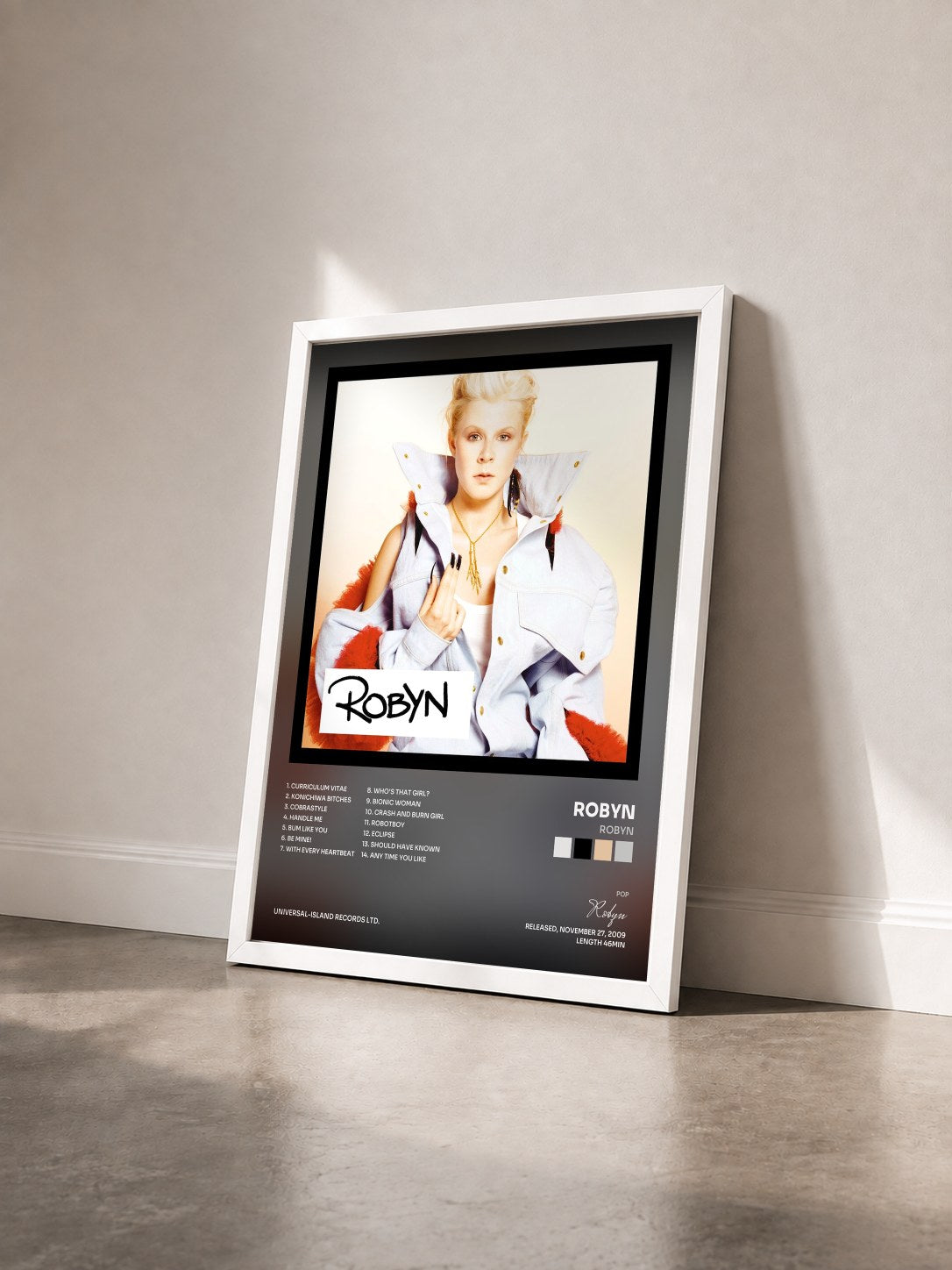 #blanc Tableau de l'album Robyn de Robyn vu de trois quarts, cadre blanc