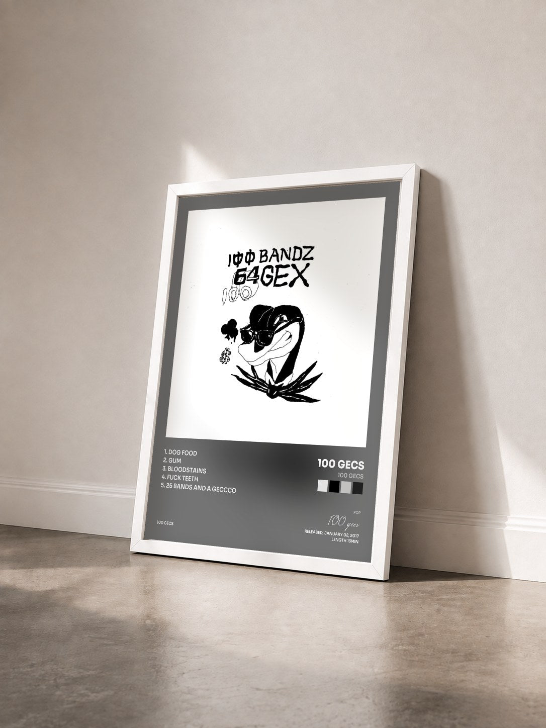 #blanc Tableau de l'album 100 gecs de 100 gecs vu de trois quarts, cadre blanc