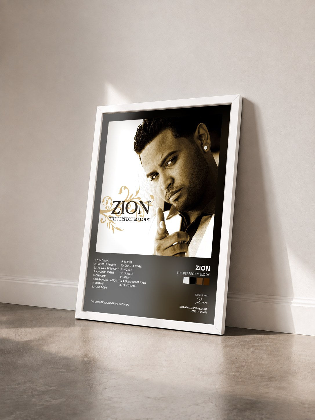 #blanc Tableau de l'album The Perfect Melody de Zion vu de trois quarts, cadre blanc