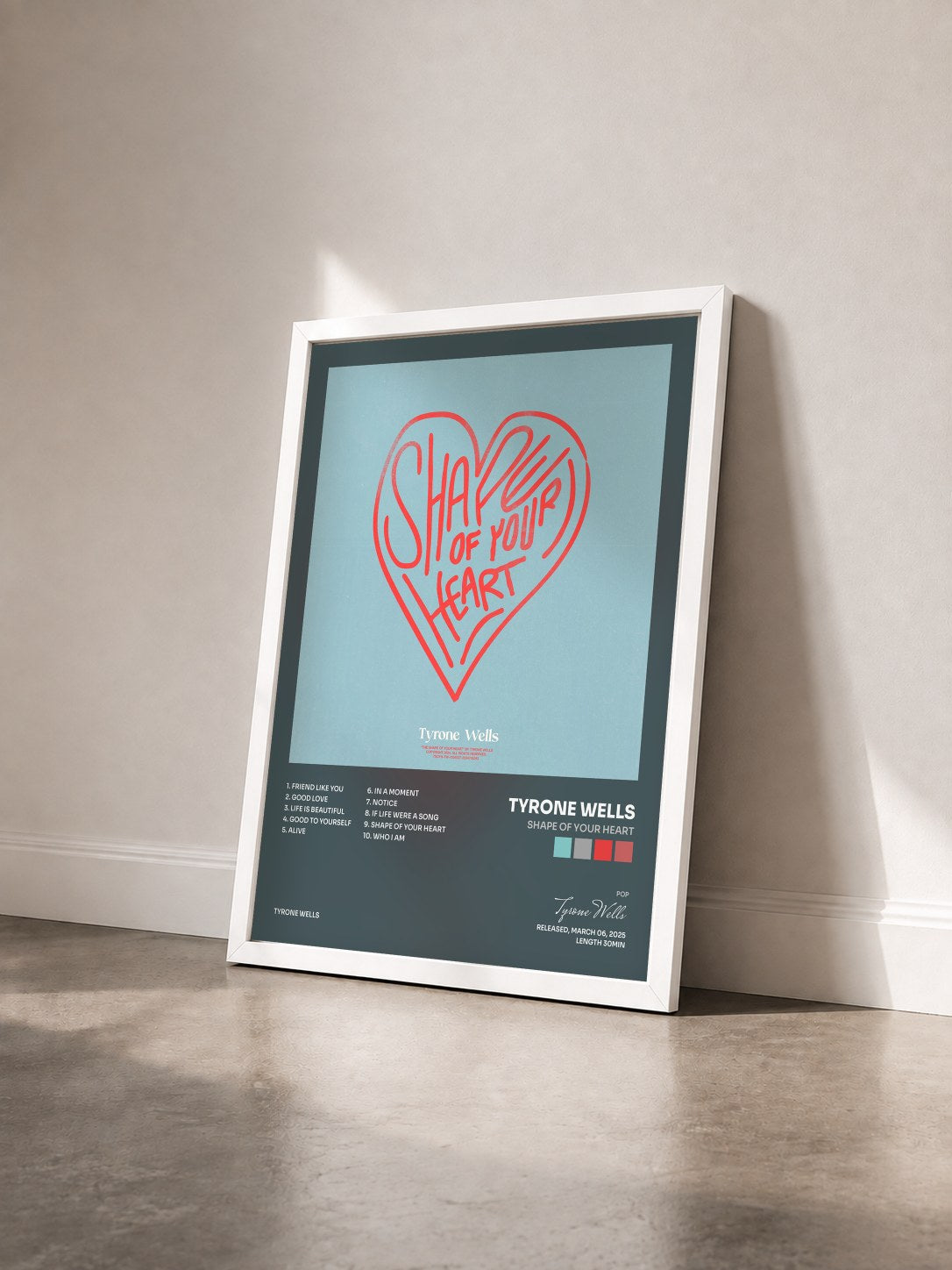 #blanc Tableau de l'album Shape of Your Heart de Tyrone Wells vu de trois quarts, cadre blanc
