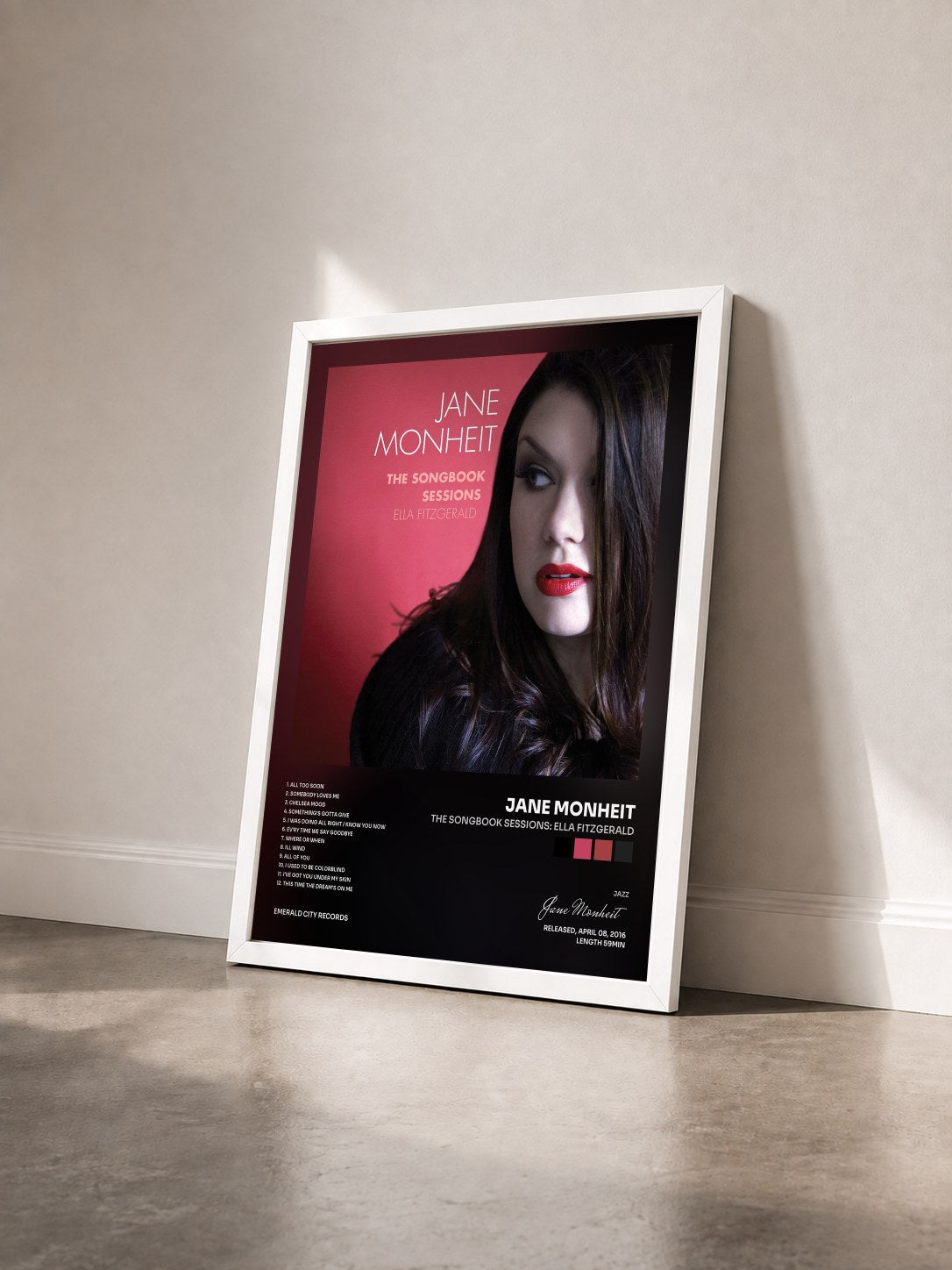 #blanc Tableau de l'album The Songbook Sessions: Ella Fitzgerald de Jane Monheit vu de trois quarts, cadre blanc