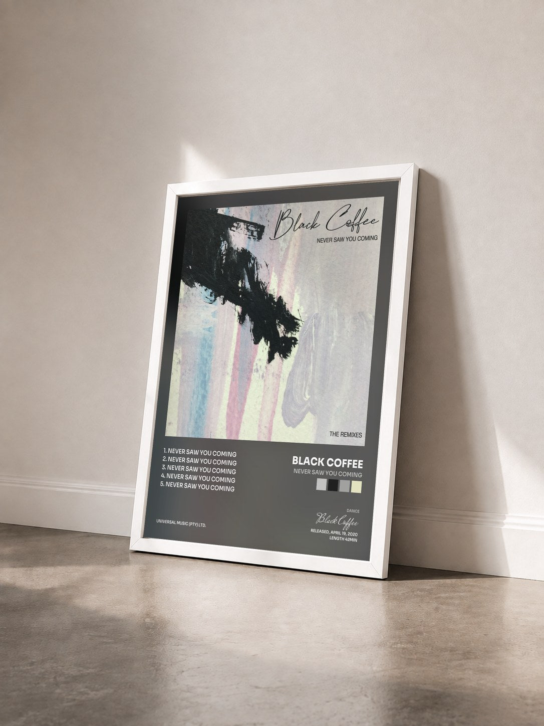#blanc Tableau de l'album Never Saw You Coming de Black Coffee vu de trois quarts, cadre blanc