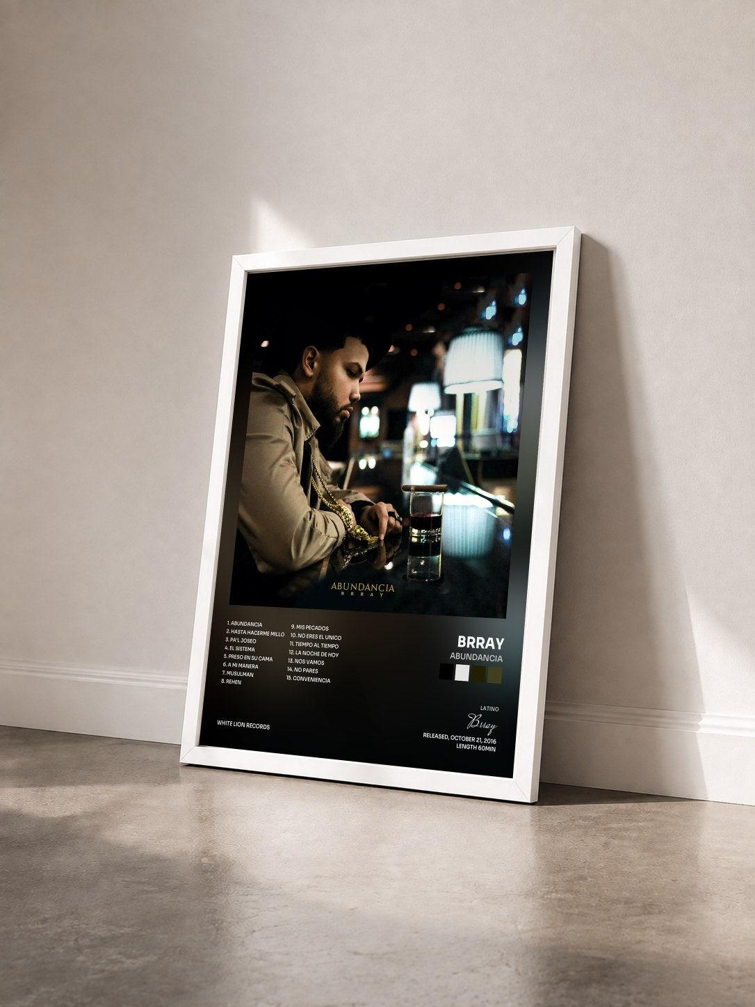 #blanc Tableau de l'album ABUNDANCIA de Brray vu de trois quarts, cadre blanc