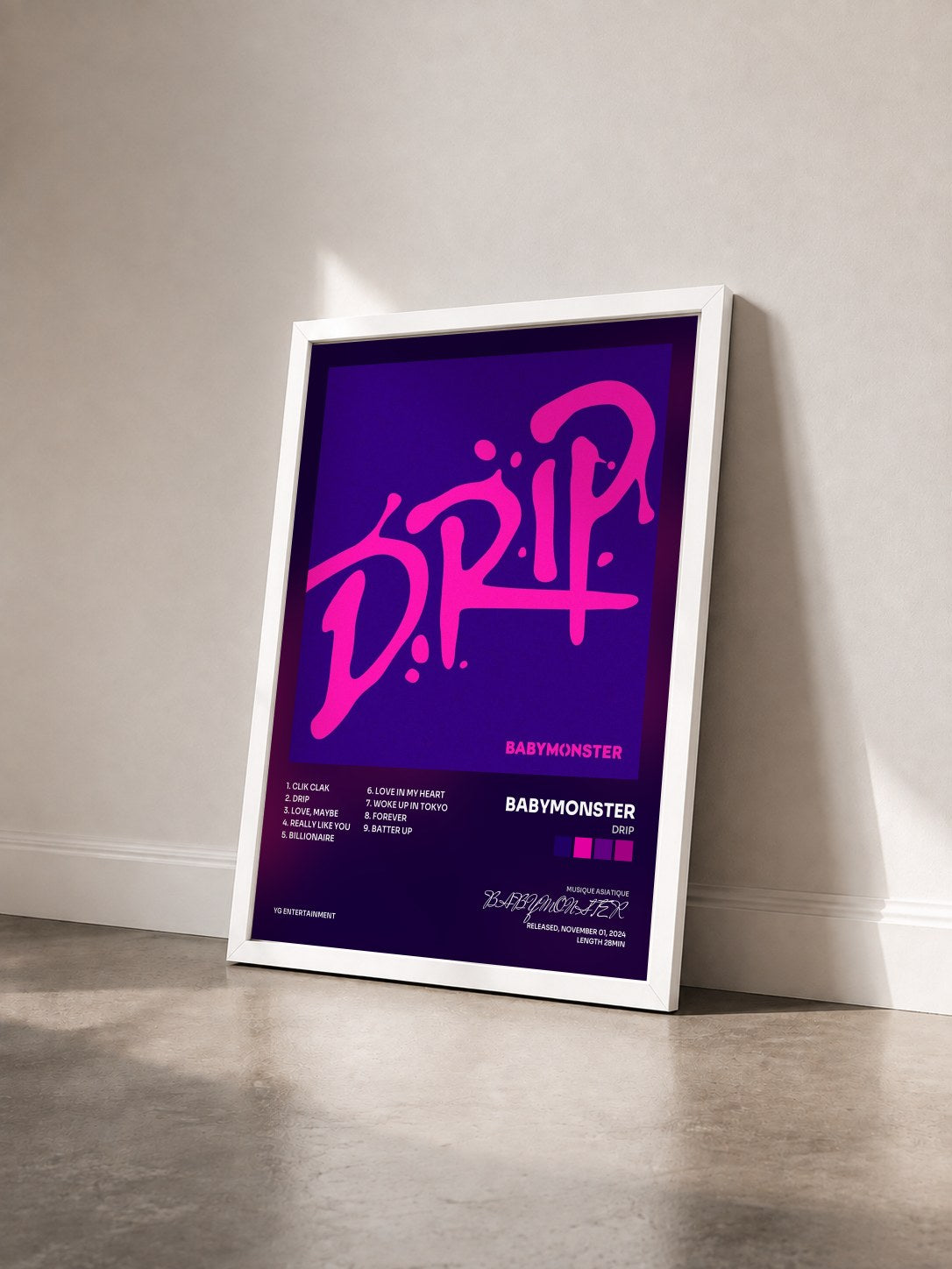 #blanc Tableau de l'album DRIP de BABYMONSTER vu de trois quarts, cadre blanc
