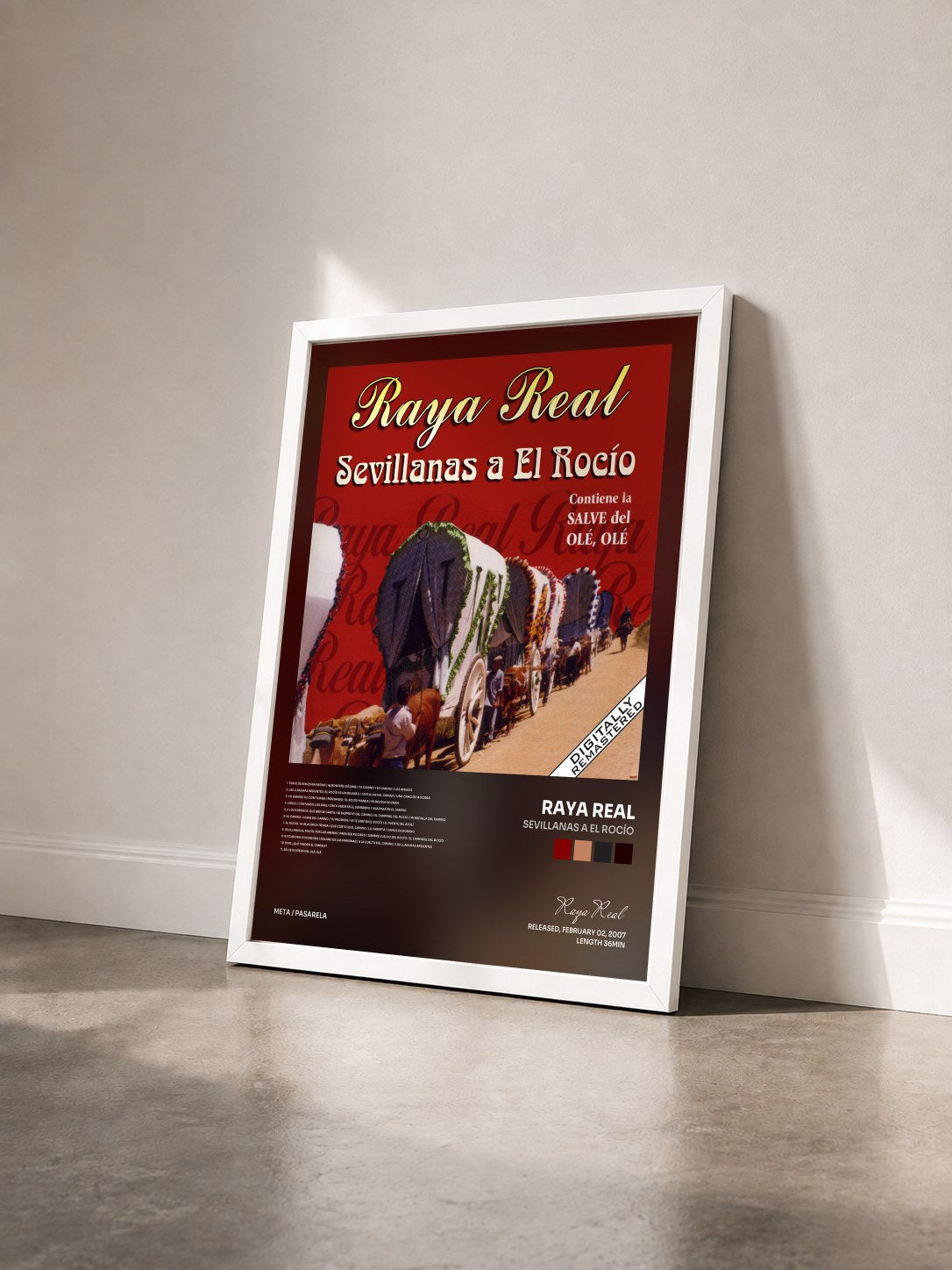 #blanc Tableau de l'album Sevillanas a El Rocío de Raya Real vu de trois quarts, cadre blanc