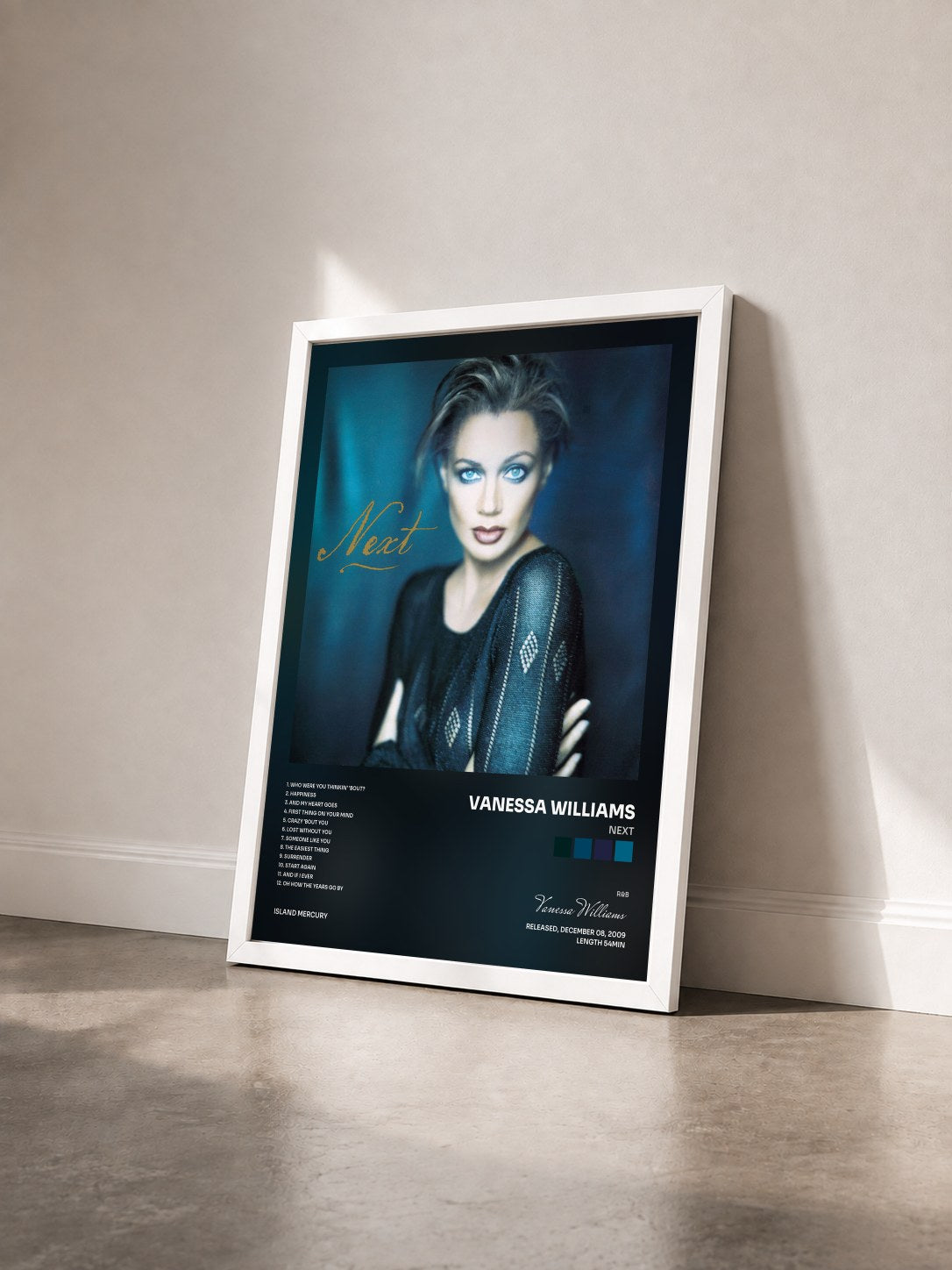 #blanc Tableau de l'album Next de Vanessa Williams vu de trois quarts, cadre blanc