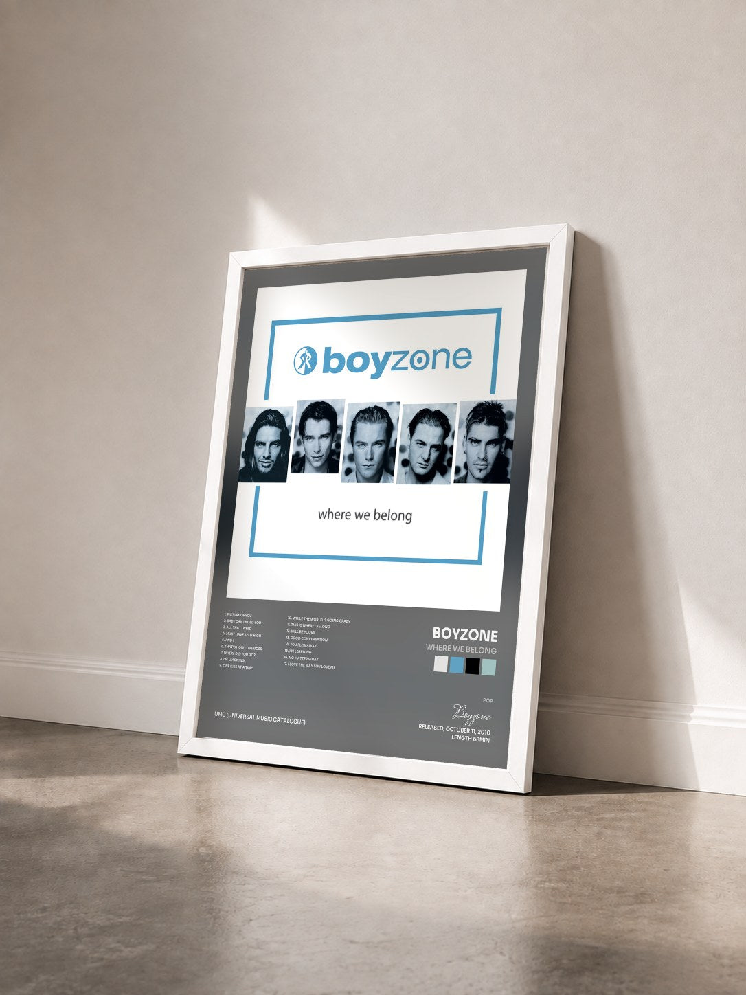#blanc Tableau de l'album Where We Belong de Boyzone vu de trois quarts, cadre blanc
