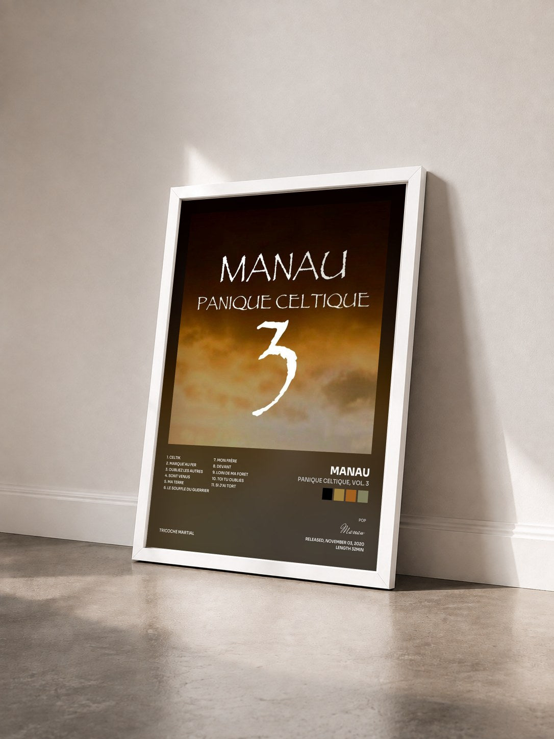 #blanc Tableau de l'album Panique celtique, Vol. 3 de Manau vu de trois quarts, cadre blanc