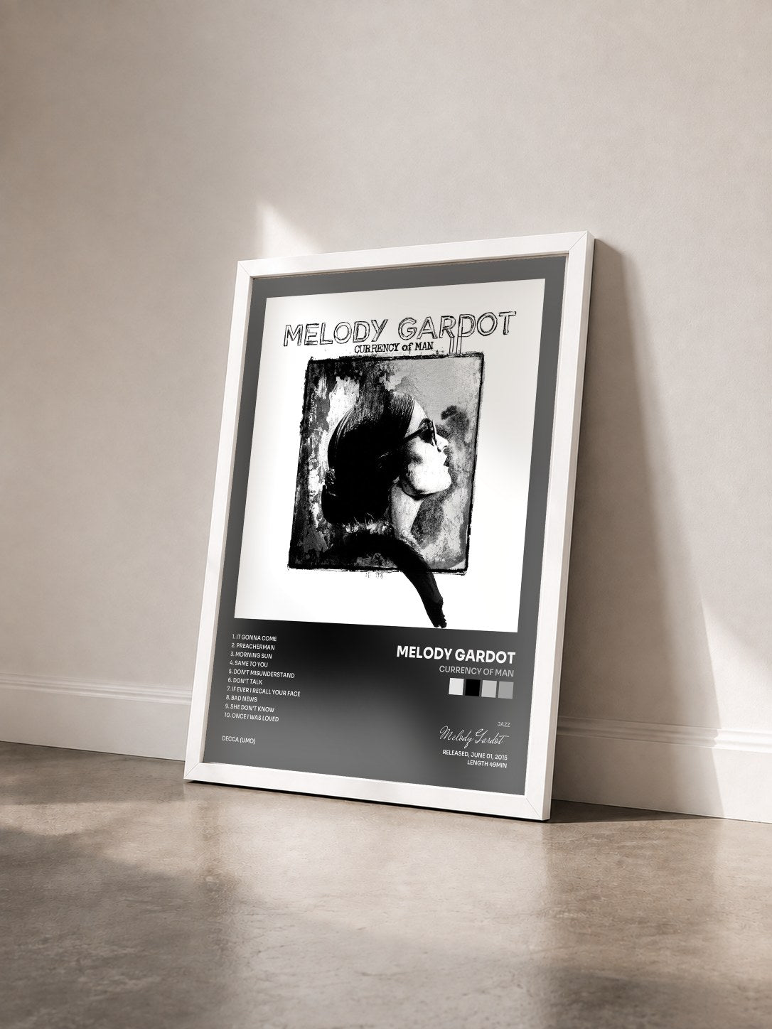 #blanc Tableau de l'album Currency Of Man de Melody Gardot vu de trois quarts, cadre blanc