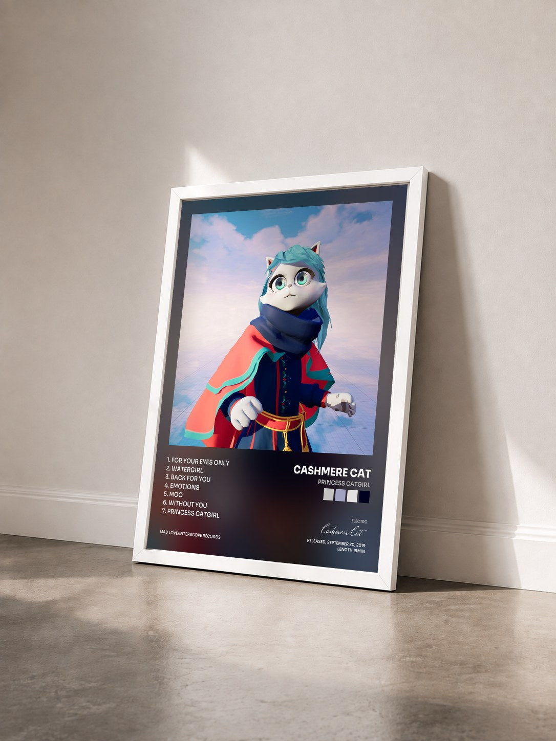 #blanc Tableau de l'album PRINCESS CATGIRL de Cashmere Cat vu de trois quarts, cadre blanc